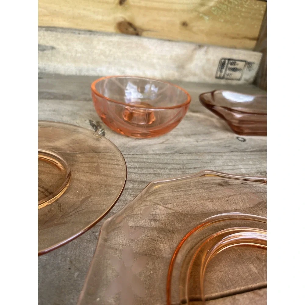 Vintage Pink Depression Glassware Floral Etching‎ Small Plates, Butter Dish,bowl